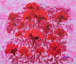 En fargerik rød blomsterhage