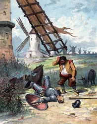Don Quijote har kjempet mot vindmøller og falt av hesten, Sancho Panza ser på sin herre, illustrasjon til boken av Miguel de Cervantes «Histoire de Don Quichotte», gravering etter Jules David