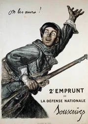 Første verdenskrig (1914-1918): plakat av Abel Faivre (1867-1945) for det nasjonale lånet. En soldat oppfordrer publikum til å tegne seg: «Vi skal ta dem!» - 2. nasjonale forsvarslån - Tegn lån