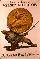 Fransk plakat fra første verdenskrig som oppfordrer folk til å sette inn penger i banker for krigsinnsatsen, 1915