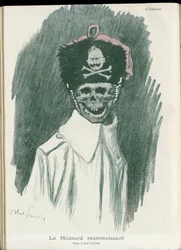 Illustrasjon av Abel Faivre (1867-1945) i “” Fantasio””, 01/05/15 - Den takknemlige Hussard - War of 14 -18, Tyskland Preussian - William II, Reaper/Comrade - Death, FacesRiantes