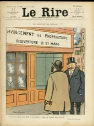 Illustrasjon av Abel Faivre (1867-1945) for omslaget til Le Rire, 21/03/08 - Leiekontrakten - Arkitektur Byplanlegging, bryllup, utroskap, butikker