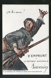 Postkort, Satirical in Colors: War of 14 -18, Borrowing, Patriotic Jornees - Soldiers Illustrasjon av Abel Faivre (1867-1945)