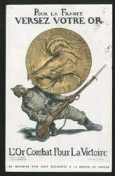 Postkort, Satirique en Colours, ca. 1915: For Frankrike, helle gullet ditt - 14-18-krigen, Tyskland Preussen, sølv, krigerske og symboler, seier, lån, patriotiske reise - Hane - Illustrasjon av Abel Faivre (1867-1945)