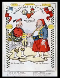 Entente cordiale mellom Frankrike og Storbritannia: karikaturer av president Loubet (1838-1929) og kong Edvard VII (1841-1910), illustrasjon fra «Le Rire», 1903