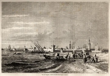 Utsikt over Essaouira (tidligere Mogador), tegning av Jules Noel (1810-1881), for å illustrere Mr.F. Schicklers reise til Marokko i 1860. Gravering i "" Le tour du monde, nouveau journal des voyages"" Paris