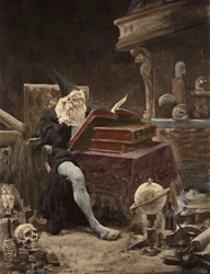 En mann som oversetter heftet funnet av Jean Audeau som forteller historien om Gargantua. Gargantua. Illustrasjon av Jules Garnier. I «Rabelais et l#39;Oeuvre de Jules Garnier». 1897.