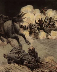 Bror Etienne Tappecoue drenerer ved hesten sin etter å ha blitt plaget av landsbyboere forkledd som djevelen. Pantagruel. Illustrasjon av Jules Garnier. I «Rabelais et l#39;Oeuvre de Jules Garnier»