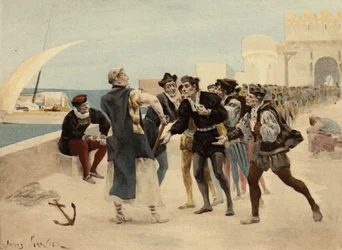 Broder Jean, munk i klosteret i Seuille, tilbyr tjue ecu gull til chiquanusene for den som ville godta å bli slått. Pantagruel. Illustrasjon av Jules Garnier. I «Rabelais et l#39;Oeuvre de Jules Garnier»