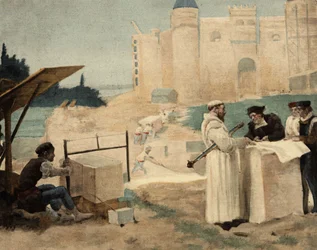 Broder Jean, munk fra klosteret i Seuille, fører tilsyn med byggingen av klosteret i Theleme. Gargantua. Illustrasjon av Jules Garnier. I «Rabelais et l#39;Oeuvre de Jules Garnier»