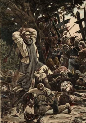 Broder Jean, munk fra klosteret i Seuille, slår soldatene i hæren til Picrochole, kongen av Lerne, med en stokk. Gargantua. Illustrasjon av Jules Garnier. I «Rabelais et l#39;Oeuvre de Jules Garnier»