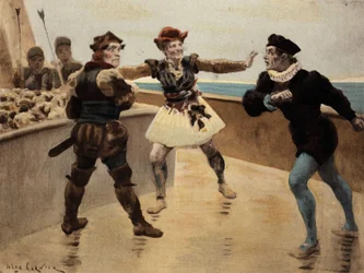 Tvist mellom Panurge (til høyre) og Dindenaut (Dindenault), en kjøpmann fra Taillbourg, som fornekter sverdet sitt. Pantagruel. Illustrasjon av Jules Garnier. I «Rabelais og Jules Garniers verk»