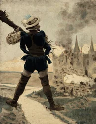 Gargantua ødelegger slottet til Gue de Vede med et tre. Gargantua. Illustrasjon av Jules Garnier. I quot;Rabelais et l#39;Oeuvre de Jules Garnierquot;