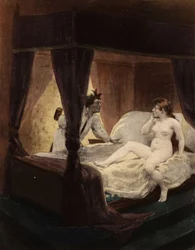 Den store Thibeault gjemmer en klubbe bak ryggen. Kona hans ligger på sengen. Pantagruel. Illustrasjon av Jules Garnier. I «Rabelais et l#39;Oeuvre de Jules Garnier»