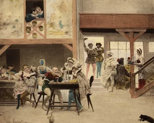 Inne på et herberge i Chinon. Pantagruel og Panurge på mellomlandingen. Pantagruel. Illustrasjon av Jules Garnier. I «Rabelais og Jules Garniers verk»