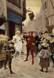Paris, Roustissoir (rotisserie) på Peer Chatelet. Konflikt mellom en ansatt og en mann anklaget for ikke å ha betalt for måltidet sitt. Pantagruel. Illustrasjon av Jules Garnier. I «Rabelais og Jules Garniers verk»
