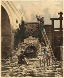 Bonden Jean Audeau oppdager et hefte som forteller historien om Gargantua. Gargantua. Illustrasjon av Jules Garnier. I «Rabelais og Jules Garniers verk»