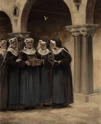 Nonnene i klosteret Coingnaufond åpner esken donert av pave Ian (Johannes) XXII. Pantagruel. Illustrasjon av Jules Garnier. I «Rabelais og Jules Garniers verk»
