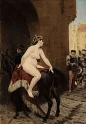 Kona til keiseren av Milano, Federic (Frederic) Barberossa, jaget ut av byen av milaneserne. Hun rir på Thacor-muldyret. Pantagruel. Illustrasjon av Jules Garnier. I «Rabelais et l#39;Oeuvre de Jules Garnier»