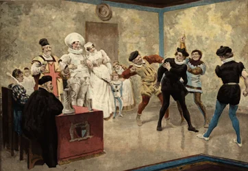 To menn slår en Chiquanous. Følg med på åstedet: bakeren Loyre og hans kone i bryllupsklær (i midten), herren av Basche og kuratoren Oudart. Pantagruel. Illustrasjon av Jules Garnier. I «Rabelais et l#39;Oeuvre de Jules Garnier»