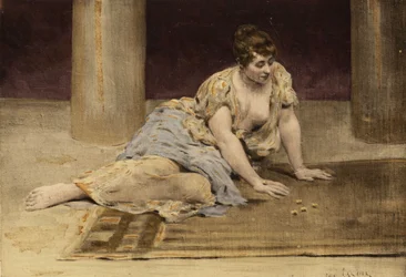Kvinne som spiller eventyrspillet (tabeller). Gargantua. Illustrasjon av Jules Garnier. I «Rabelais og Jules Garniers verk»