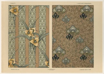 Blomster, plate 34 fra 'Fantaisies decoratives', gravert av Gillot, utgitt av Jules Rouam, Librairie de l'Art, Paris, 1887 (fargegravering)