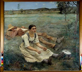 Høy. En kvinne sitter i gresset ved siden av en mann som sover i innhøstingssesongen. 1877. Sol. 1,80 x 1,95 m