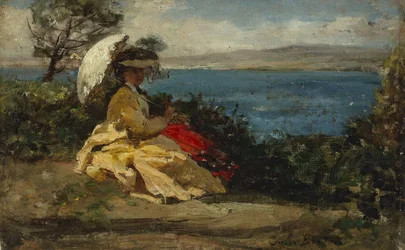 Kvinne med parasoll, Douarnenez-bukten, mellom 1870 og 1875 (olje på lerret)