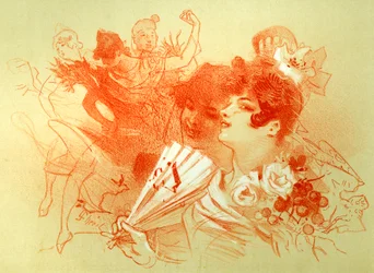 Ved ballet - tegning (sanguine) av Jules Cheret (1836 - 1932) - unge kvinner og dansere - dans - privat samling -