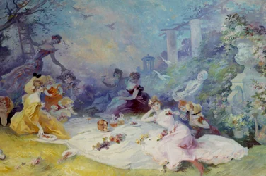 Frokost på gresset Scene av en landpiknik. Maleri av Jules Cheret (1836-1932) Nice fra 1900-tallet, Musee Cheret