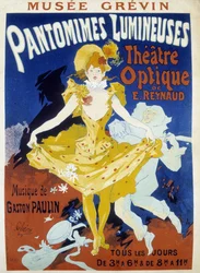 Danser og musiker - plakat for de lysende pantomimene til Reynaud og Paulin på Grévin-museet av Jules Cheret, sent på 1800-tallet