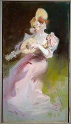 Kvinnen med en mandolin Maleri av Jules Cheret (1836-1932) Chalons sur Marne fra 1900-tallet, Museum of Fine Arts.