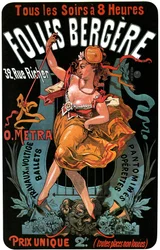 Plakat for Folies-Bergere 1874 av Jules Cheret (1836-1932) - aerobatiske verk, balletter, pantomimer, operetter, dans, danser, musikksal (musikkhall), homofile Paris, Paris om natten -