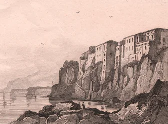 Utsikt over Sorrento med huset til Torquato Tasso, Campania, Italia, stålgravering av Sauvage etter tegning av Jules Coignet (1798-1860), ca 13x10 cm