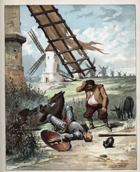 Don Quijote og vindmøllene - Illustrasjon av Jules David (1808-1892) fra Historien om Don Quijote (Don Quijote) - 1887 - av Miguel de Cervantes Saavedra (1547-1616)