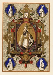 Portrett av Saint Gregory, pave Gregory I, med triregnum eller trippelkrone, og pavelig ferula, innenfor en dekorativ kant