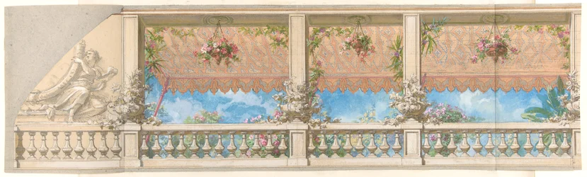En utendørs balustrade med en markise hengende over i maurisk stil, 1830-97. Opphavspersoner: Jules-Edmond-Charles Lachaise, Eugène-Pierre Gourdet.