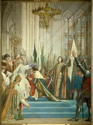 Kong Karl VII (1403-1461) mottok kronen i katedralen i Reims den 17/07/1429 i nærvær av Jeanne d
