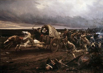 Derouten av Cholet-opprøret væpnet i Vendee i mars 1793, irettesatt i oktober av konvensjonen og de republikanske hærene, trakk de "hvite" seg tilbake mot Loire. Maleri av Jules Girardet (1856-1938)