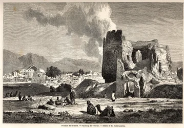 Forstedene til Teheran (dagens Iran). Tegning av Jules Laurens (1825-1901), for å illustrere Arthur Gobineaus reise til Persia fra 1855 til 1858. Gravering i “” Le tour du monde, nouveau journal des voyages”” Paris