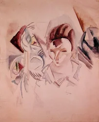 Kvinne og stilleben, ca. 1917 (akvarell og blyant på papir)
