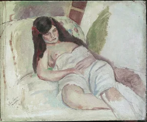 Kvinne liggende (med inskripsjonen Vive Elvire). (olje på tre, 1900-tallet)