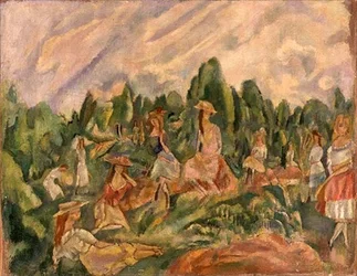 Unge kvinner i et landskap, ca. 1920 (olje på lerret)