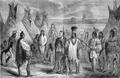 Gruppe av Delawares-indianere i tipi-leiren deres. Gravering tilskrevet Janet Lange, ca. 1870. Illustrasjon av Hachette-utgaven fra 1888 av boken "The Last of the Mohicans", etter Fenimore Cooper.