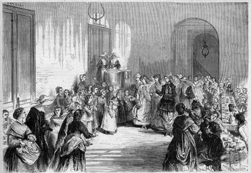 The Impress Eugenie de Montijo (1826-1920) wife of Napoleon III, attending the children