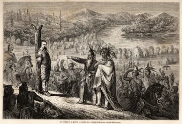 Krigsstangen, baronen av Wogan tatt til fange av indianerne fra Timpabaches-stammen, ligger ved bredden av San Juan, elvearmen til Rio Grande, tegnet av Jules Pelcoq, for å illustrere historien om baronen de Wogans tur til California i 1850-185