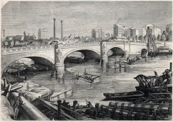 Transformasjoner av Paris under det andre imperiet, Haussmann Paris: arbeider utført foran broen til Alma i Paris for passasje av samlekloakken på bunnen av Seinen. Tegning av Jules Pelcoq. Gravering i "" The Illustrous Unive
