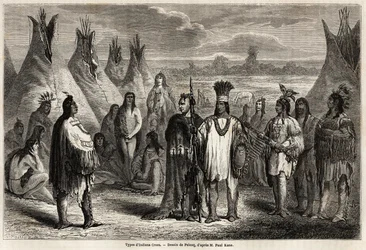 Typer av Crees-indianere fra Canada, tegning av Pelcoq, for å illustrere utforskningen av Rocky Mountains i 1857-59 av kaptein John Palliser. Gravering i "" Le tour du monde, nouveau journal des voyages"" Paris