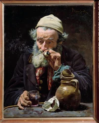 Drankeren. En gammel mann røyker pipe og drikker et glass vin. Maleri av Jules Rousset (1840-?), 19. århundre, Orléans, Kunstmuseet