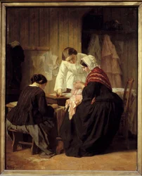 Tre kvinner syr. Maleri av Jules Trayer (1824 - 1909)